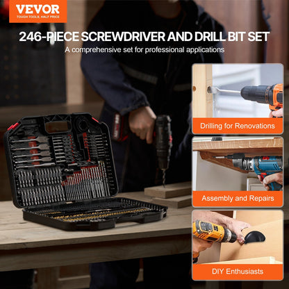 Drill Bit Set, 246 Pieces Drill And Driver Bit Set, Screwdriver Bit Set Suitable For Wood Metal Cement Drilling And Screw Driving, Drill Bit Sets Combo Kit Assorted In Organized Carrying Case